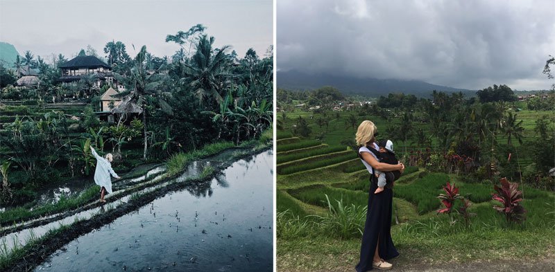 Moteris palmių ir ryžių laukų fone, moteris su mažyliu ryžių laukuose, Balis