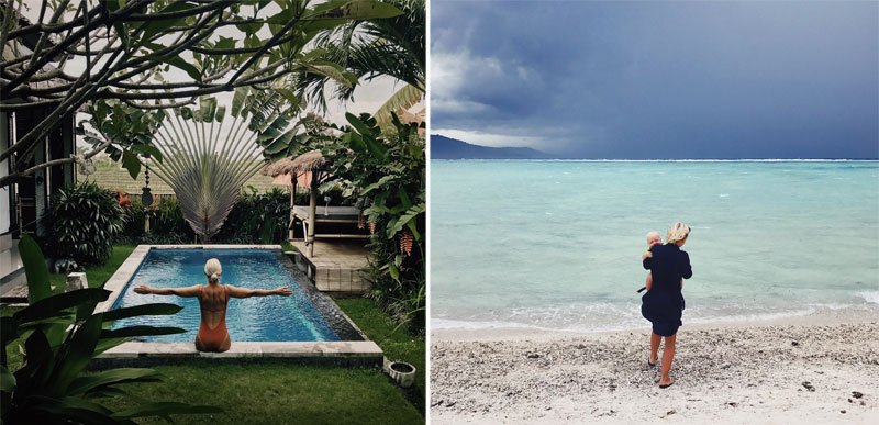 Moteris sėdinti ant baseino krašto, Bali, balto smėlio paplūdimyje su mažyliu