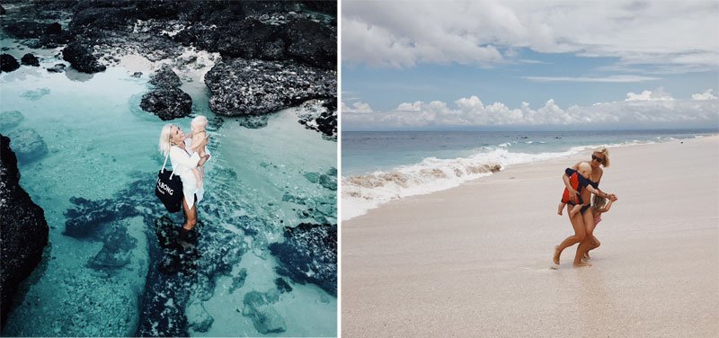 Moteris su mažyliu Suluban paplūdimyje, Balis