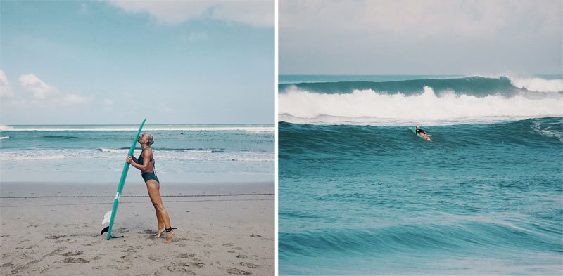 Moteris bučiuoja banglentę, moteris surfina, Balis