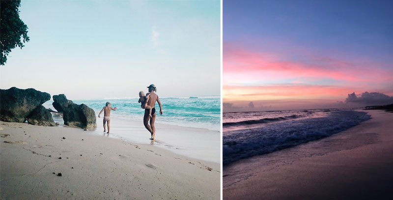 Moteris su vaikais einanti paplūdimiu