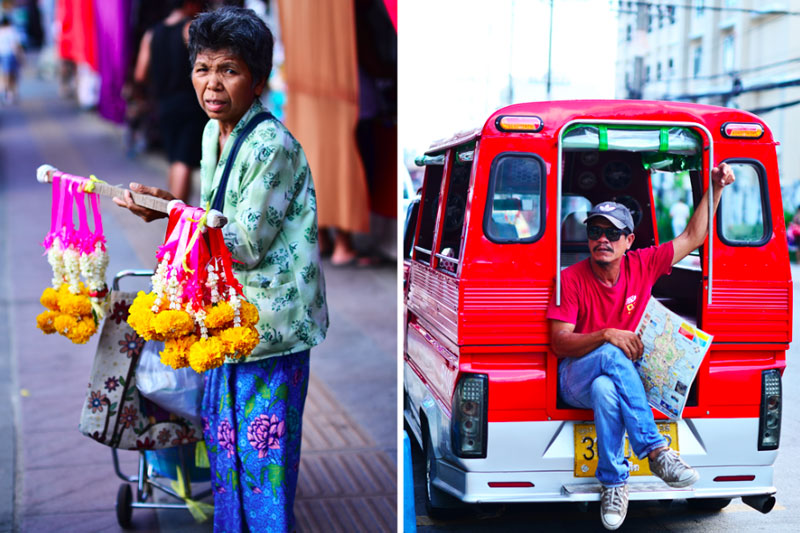 Tailando gatvėse pardavėjai, tuk tuko vairuotojai